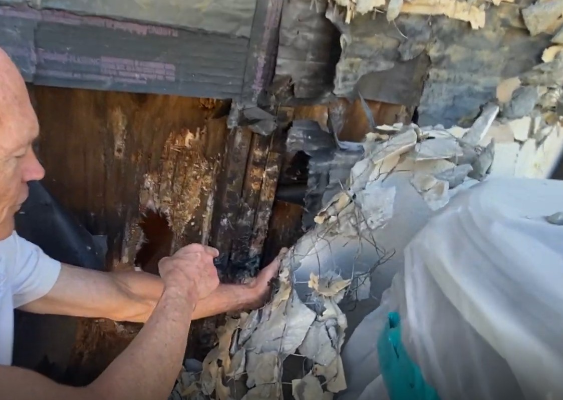 Severely deteriorated wood framing from poria fungus damage