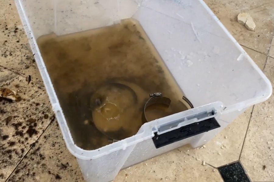 Bucket collecting sewage water from ceiling damage during an improperly managed cleanup